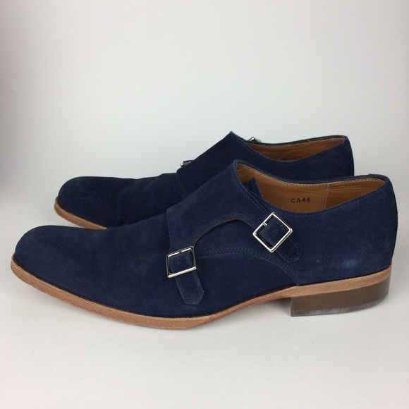 John Fluevog Monk Strap Shoes Mens 7.5 Blue Suede Twin Turbine Buckle Close - Picture 2 of 15
